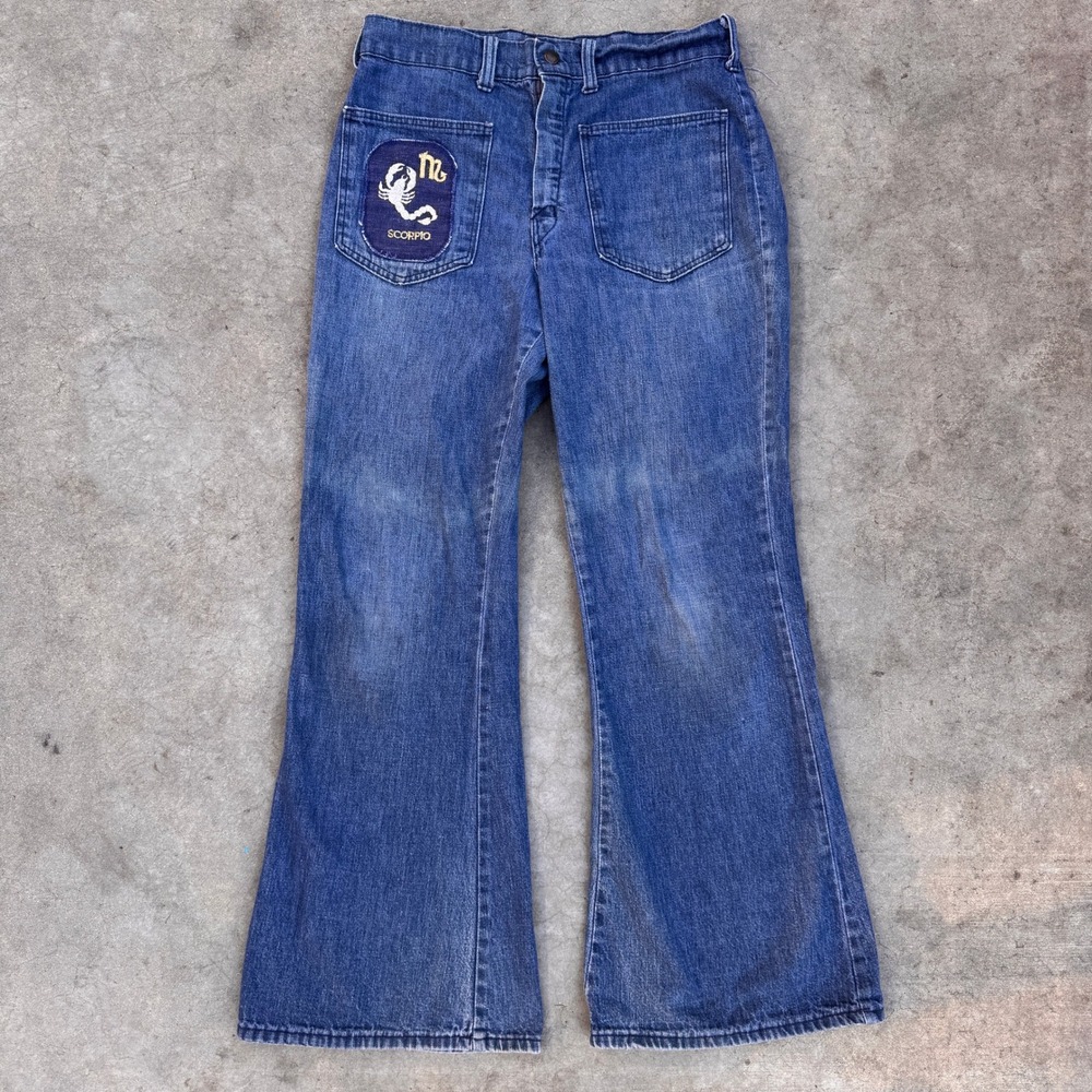 Vintage Big Yank 70s Bell Bottom Flared Jeans Scorpio Patch USA Denim 28x27